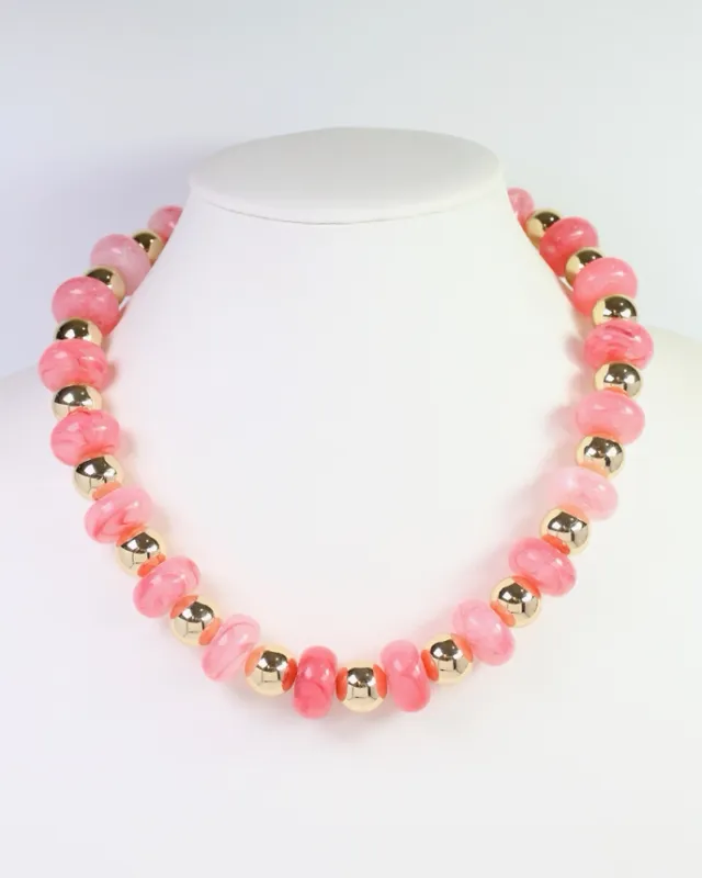 Staten Island Marble/Gold Beaded Pink Necklace