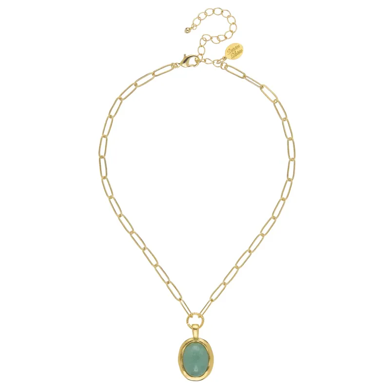 VG Oval Green Jade Stone Paperclip Necklace