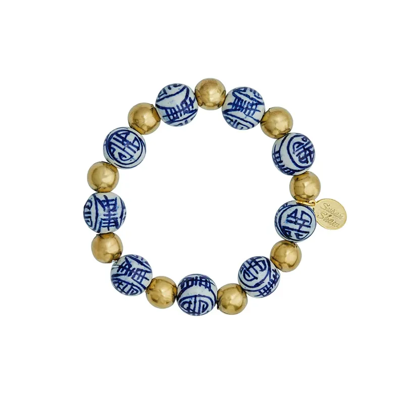 VG Blue/White Porcelain Gold Ball Stretch Bracelet