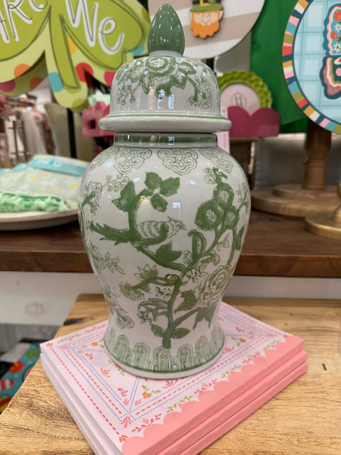Green/White 14" Chinoiserie Jar