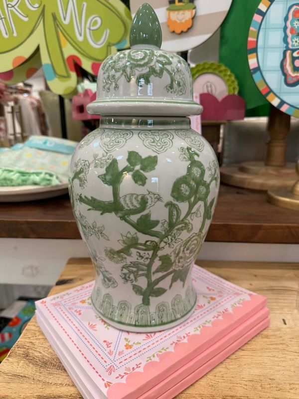 Green/White 14" Chinoiserie Jar