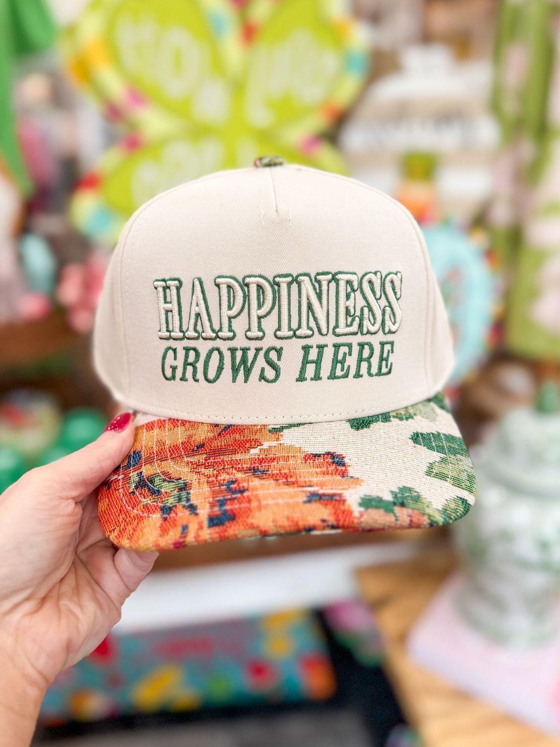 Happiness Grows Here Hat-Floral