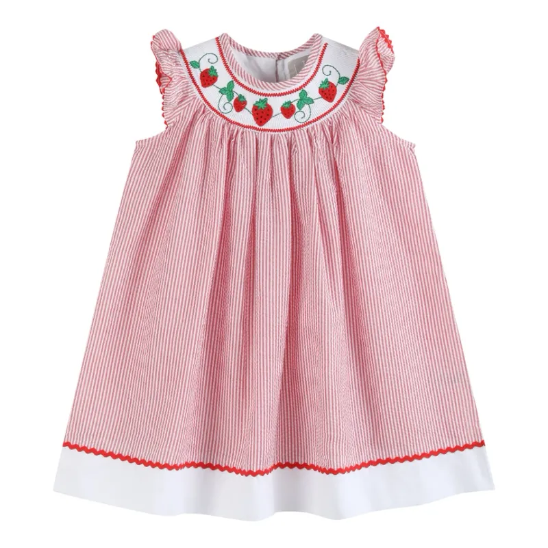 Red Seersucker Strawberry Smocked Dress