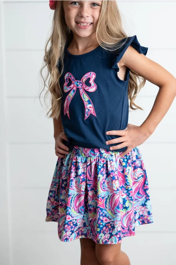 Girls Navy Floral Bow Skort Set