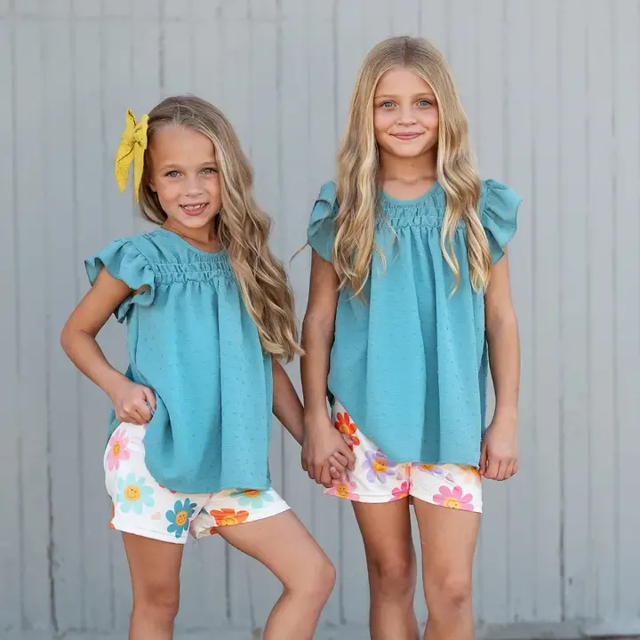 Girls Teal Flower Short Set