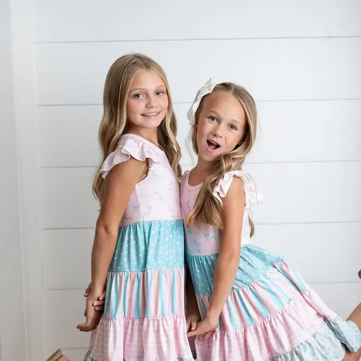 Girls Lt Pink Floral Check Tiered Dress