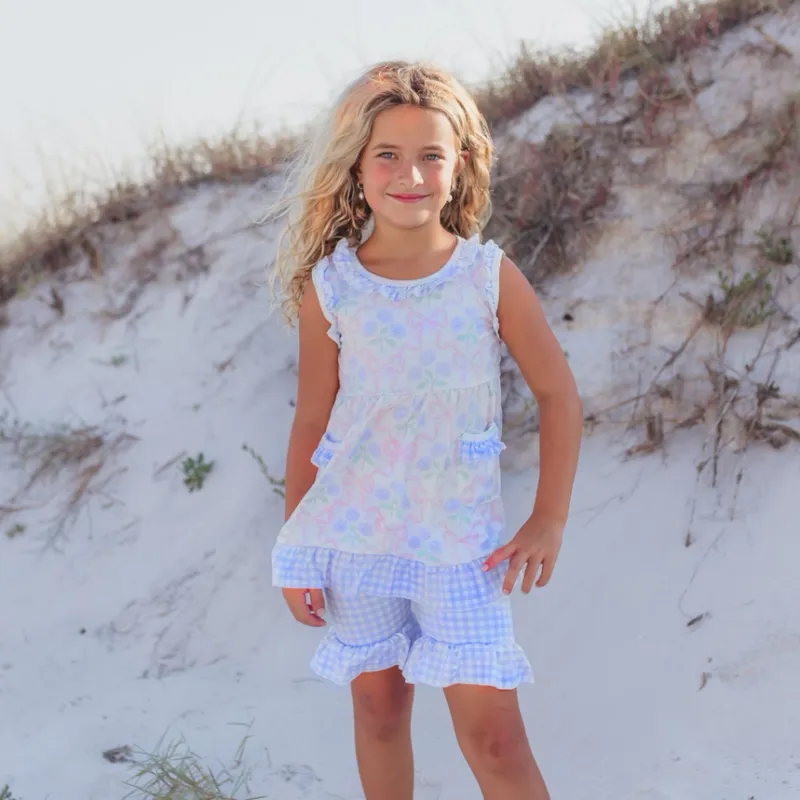 Girls Lavender Check Bow Short Set