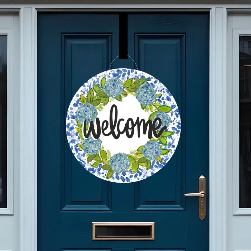 VG Hydrangeas Welcome Willow Door Hanger