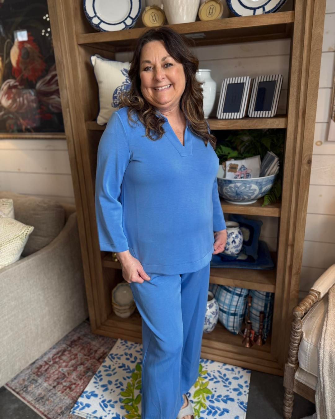 Blue Johnny Collar V-Neck Top