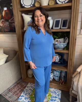 Blue Johnny Collar V-Neck Top