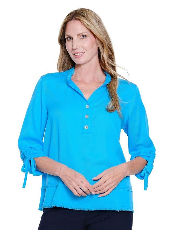 Vivid Turquoise Fringe Hem Collar Top