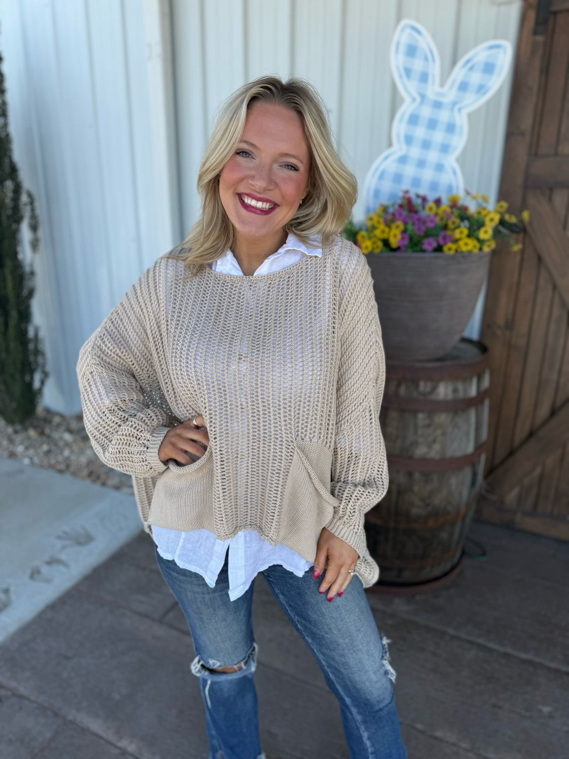 VG Beige Knit Crochet Top