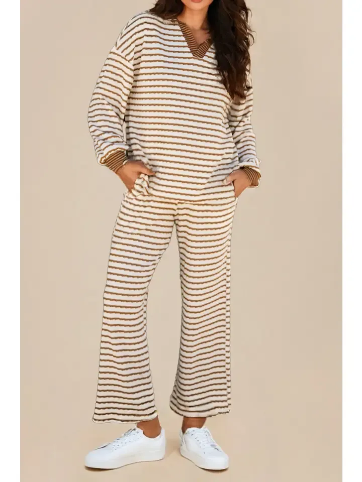 Striped Top &amp; Pant Set-Brown