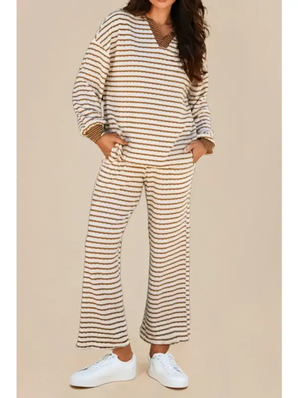 Striped Top &amp; Pant Set-Brown