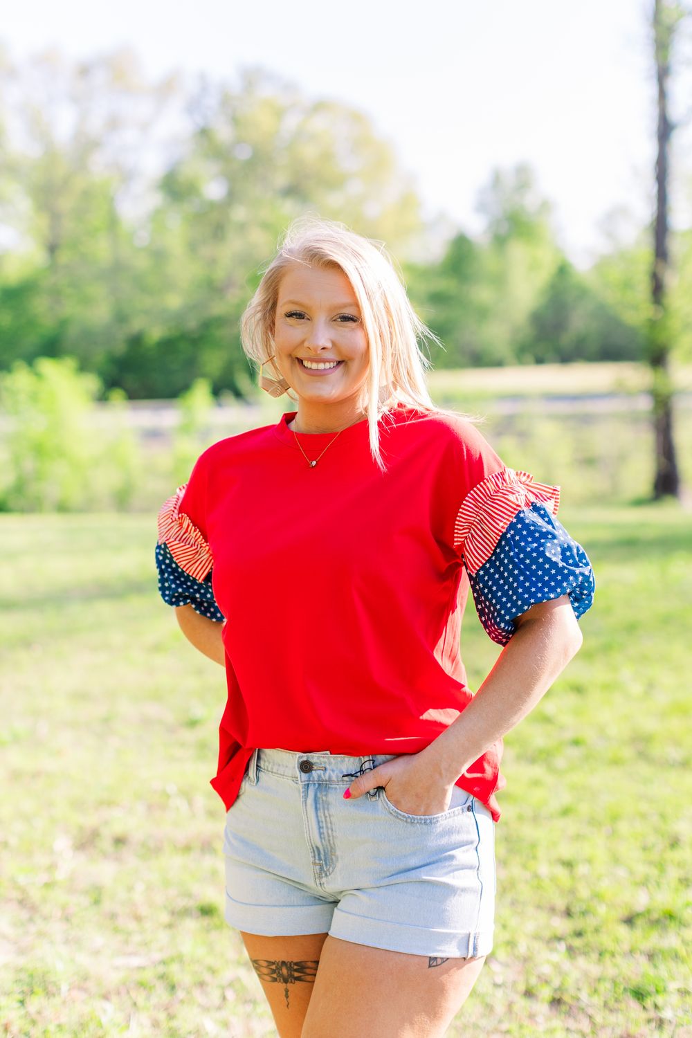 Star Stripes Short Puff Sleeve Top