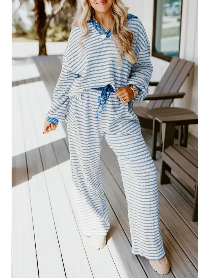 Striped Top &amp; Pant Set-Blue
