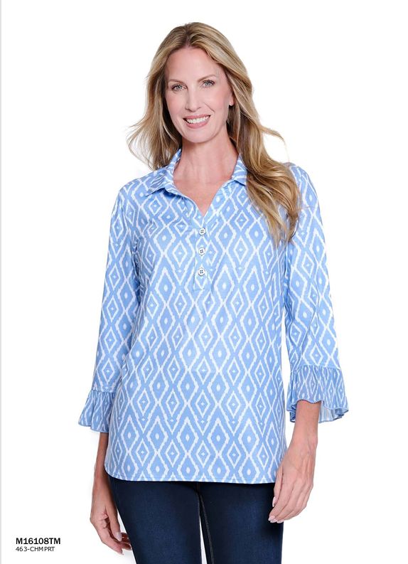 Chambray Print Pleated Collar Top