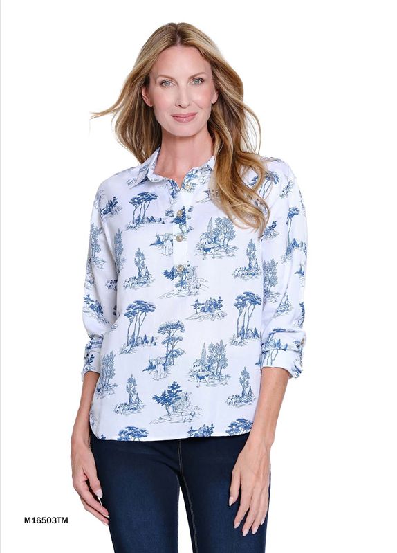 Chambray Print Roll Tab Hi-Lo Top
