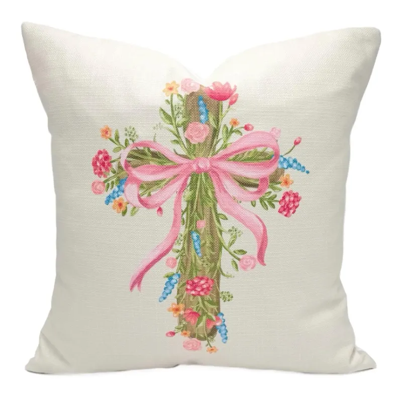 VG Floral Bow Cross Easter Pillow