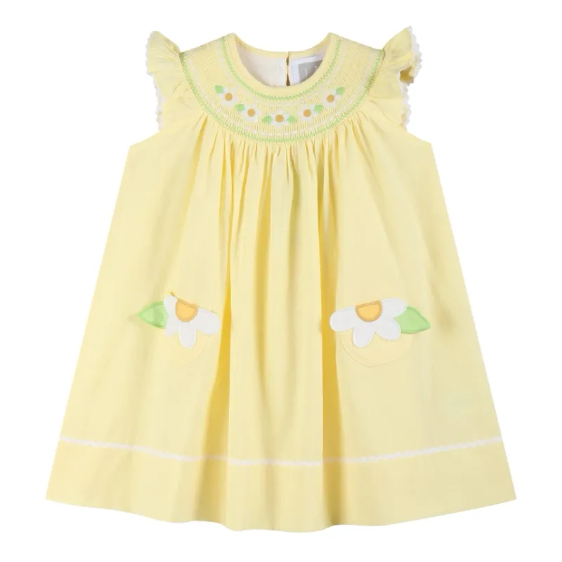 Yellow Daisy Pocketed Smocked Bishop Dress