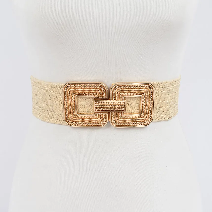 Metal Buckle Stretch Belt-Beige