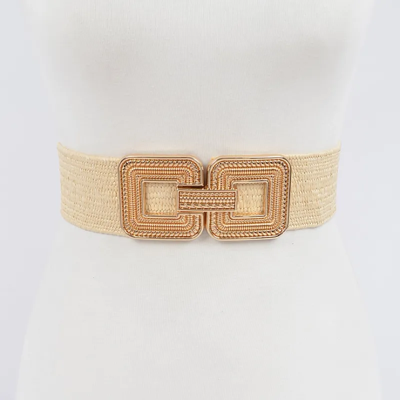 Metal Buckle Stretch Belt-Beige