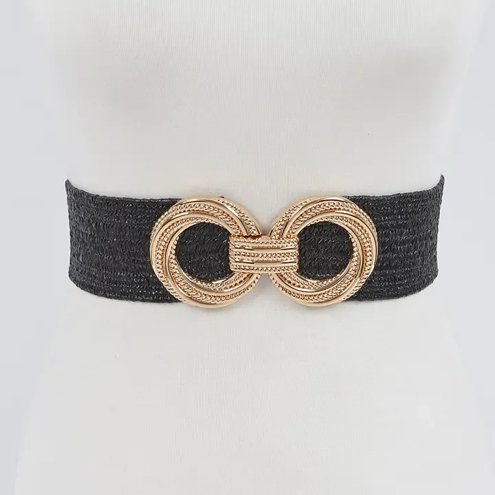 Metal OO Buckle Stretch Staw Belt-Black