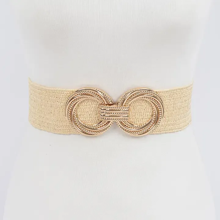 Metal OO Buckle Stretch Staw Belt-Beige