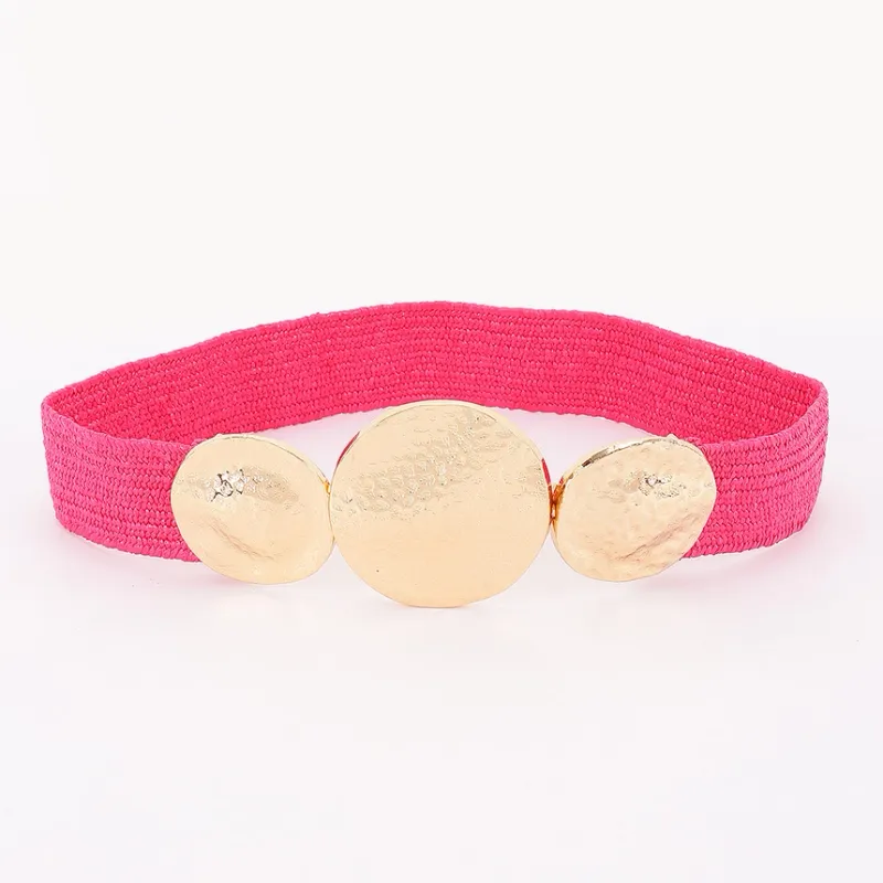 Metal Buckles Faux Straw Belt-Fuschia