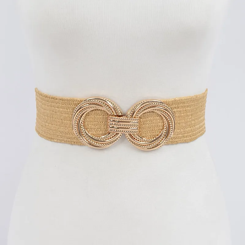 Metal OO Buckle Stretch Staw Belt-Khaki