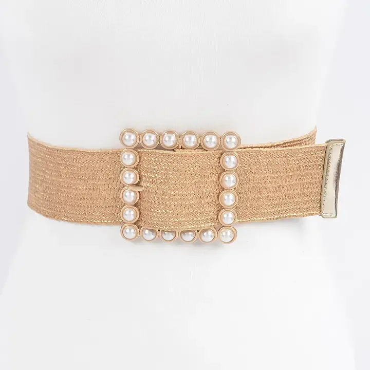 Wide Pearl Buckle Elastic Belt-Gold