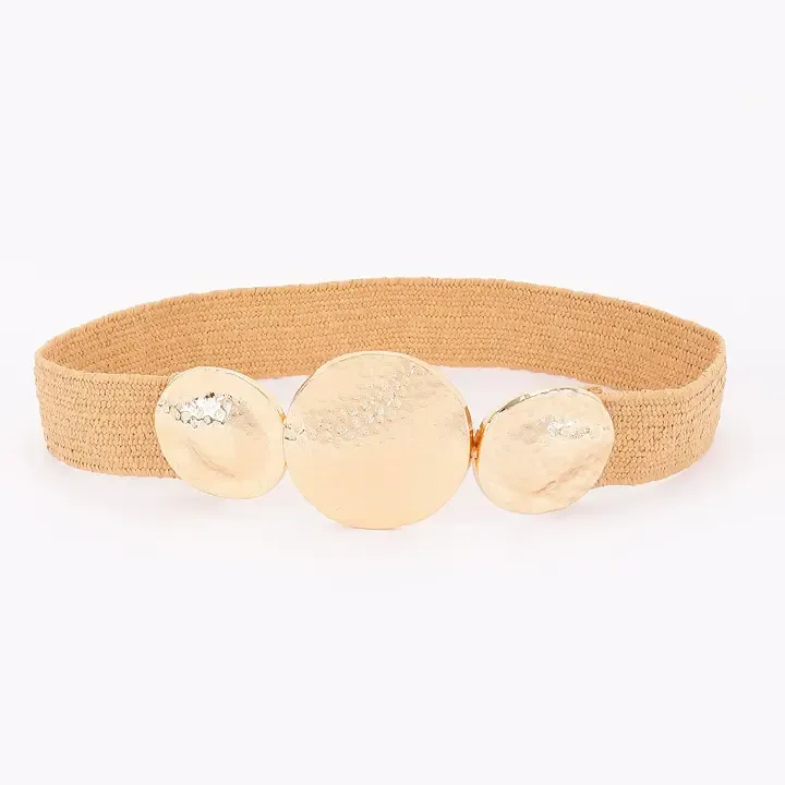 Metal Buckles Faux Straw Belt-Khaki