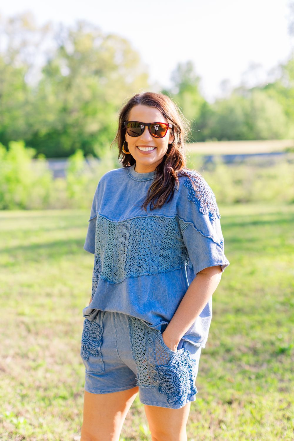 Lace Crochet Denim Blue Top