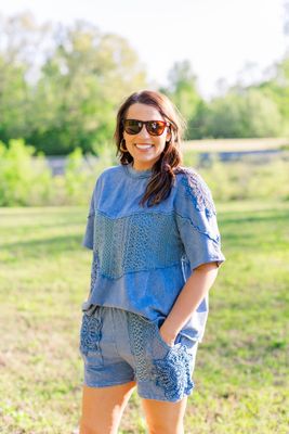 Lace Crochet Denim Blue Top