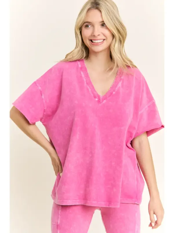 Mineral Wash V Neck Hot Pink