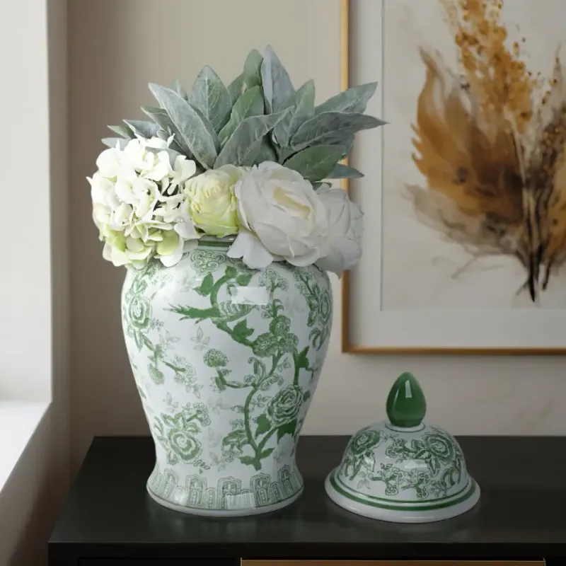 18in Green Ceramic Bird Flower Temple Jar