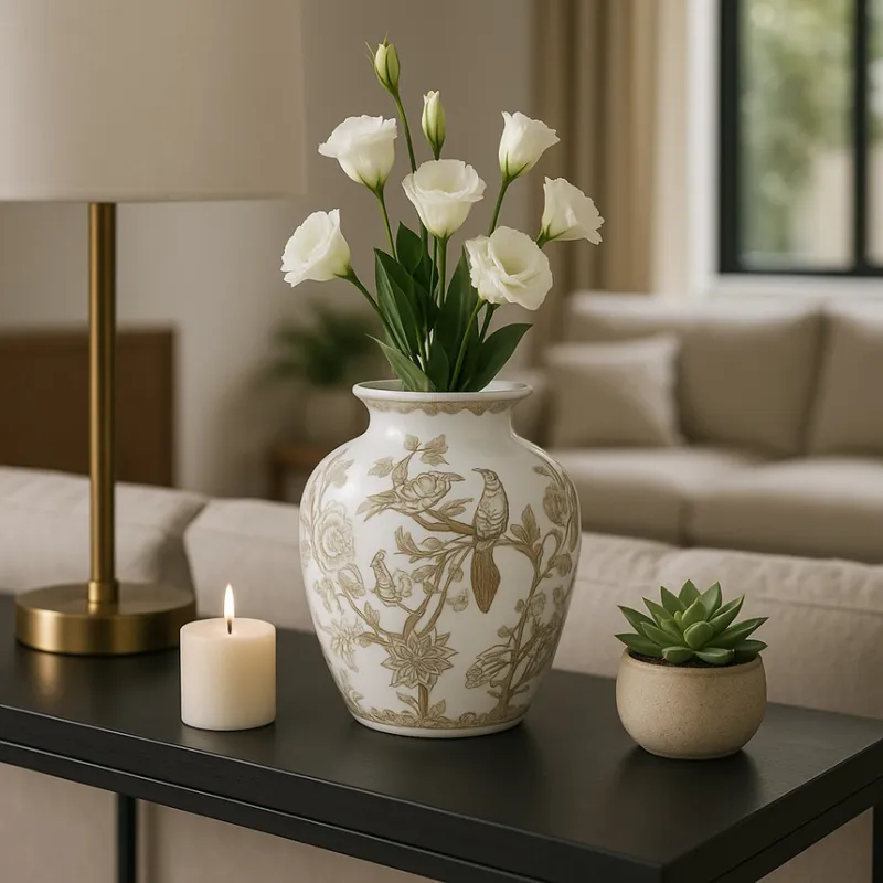 10in Brown/White Ceramic Birds &amp; Vines Vase