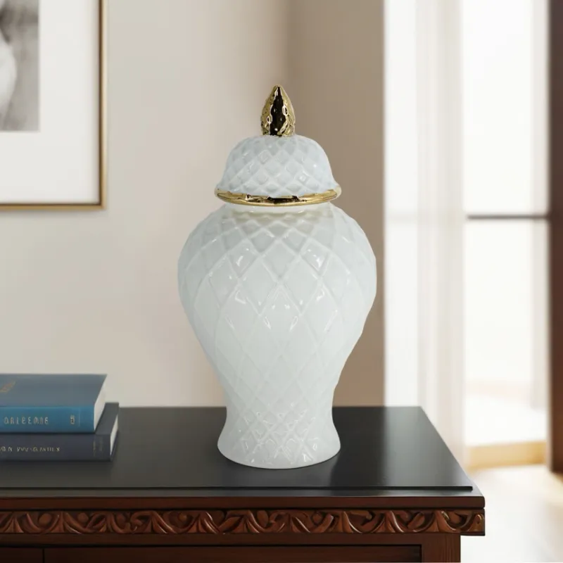 14in White Ceramic Rope Temple Jar