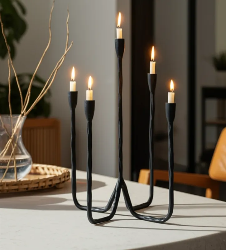 16in Black Metal Forged 5 Taper Candle Holder