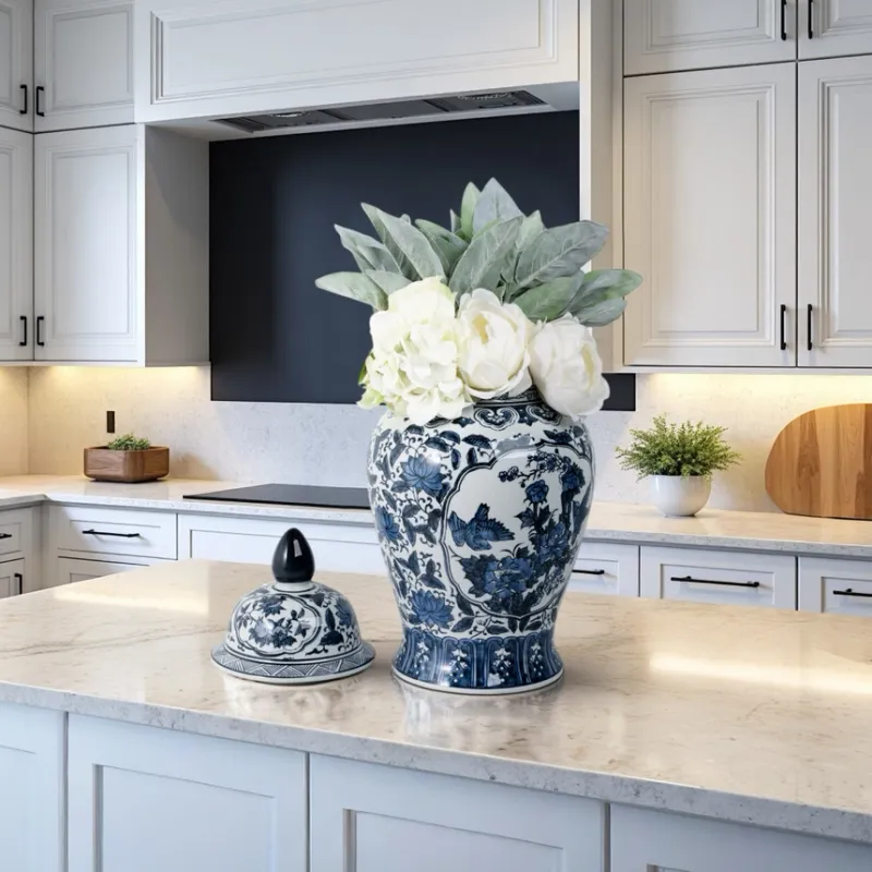 19in Blue Ceramic Flowers Vase