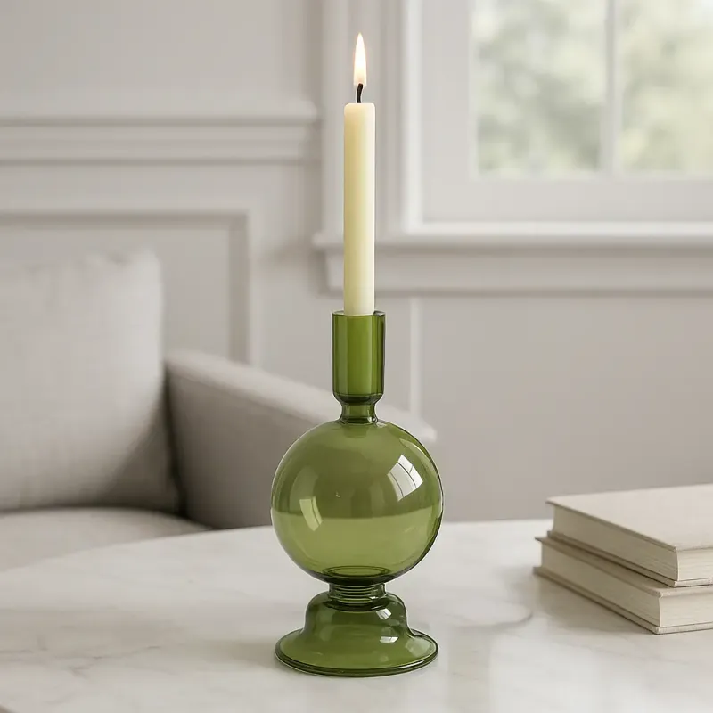 7in Olive Glass Bubble Taper Candle Holder
