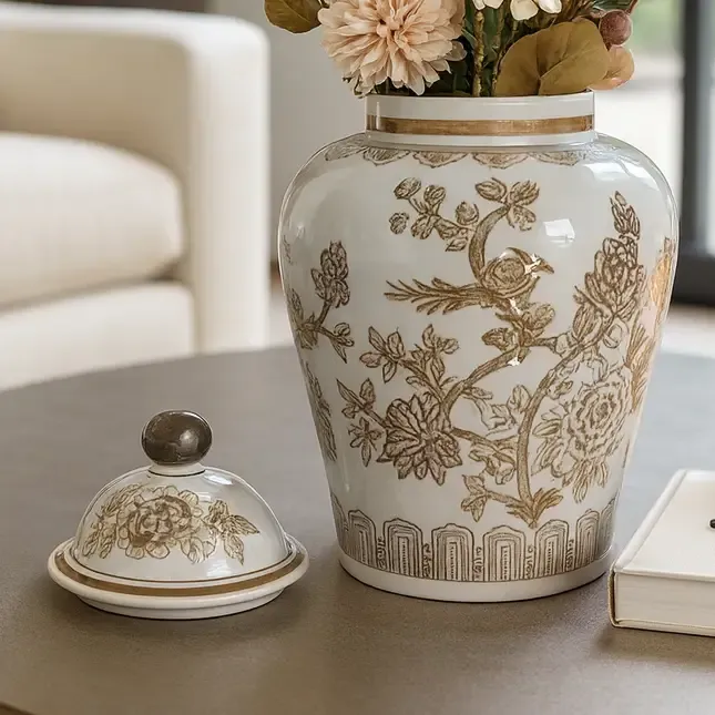 12in Brown/White Chinoiserie Bird Temple Jar