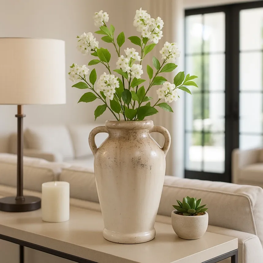 12in Ivory Terracotta 2 Handle Vase