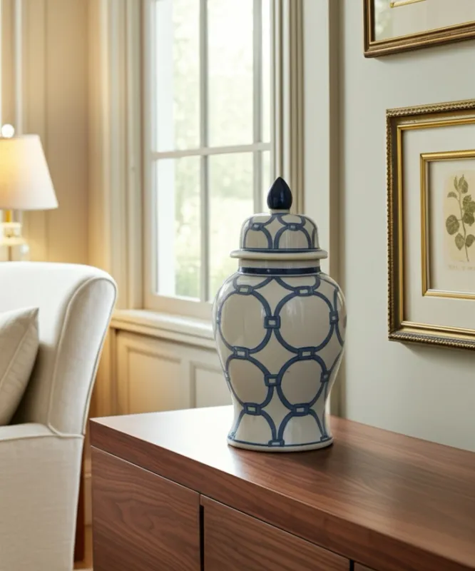 14in Blue Ceramic Links Temple Jar