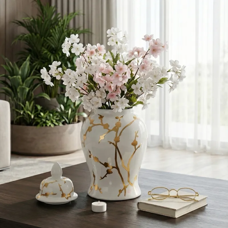14in White Ceramic Gold Cherry Temple Jar