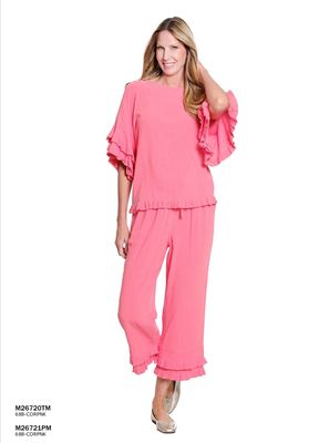 Coral Pink Elastic Ruffle Crop Pant