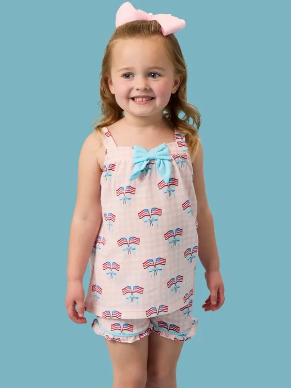 Pink Gingham Patriotic Bow PJ Short Set
