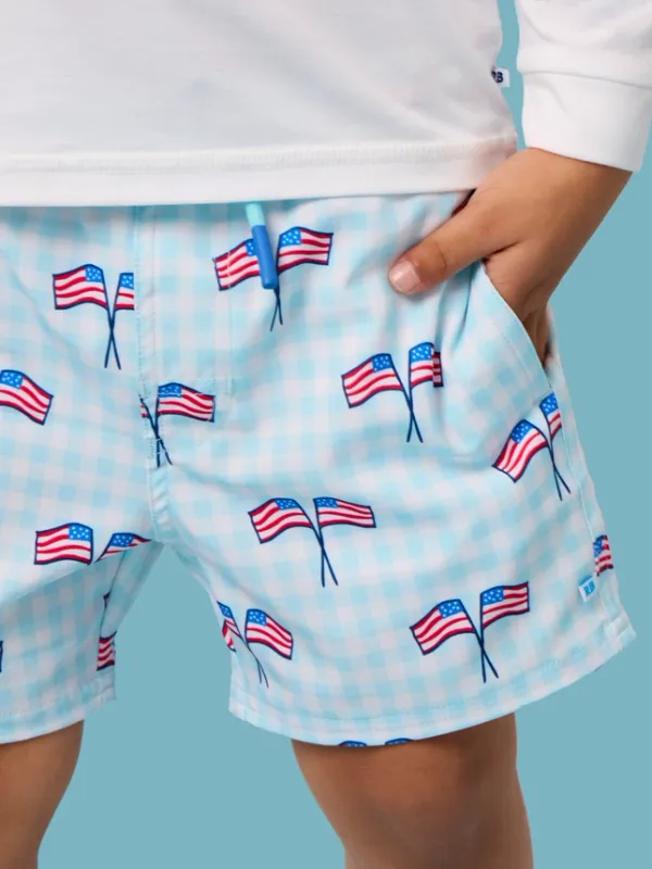 Boys Blue Patriotic Swim Trunks