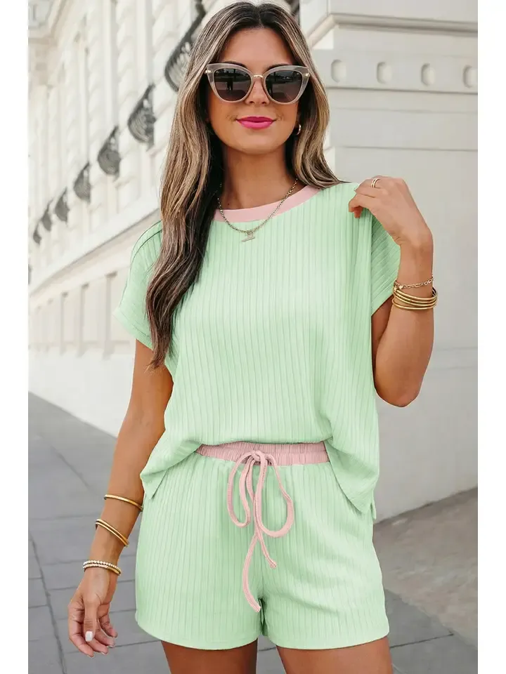 Casual Ribbed Colorblock Set-Green
