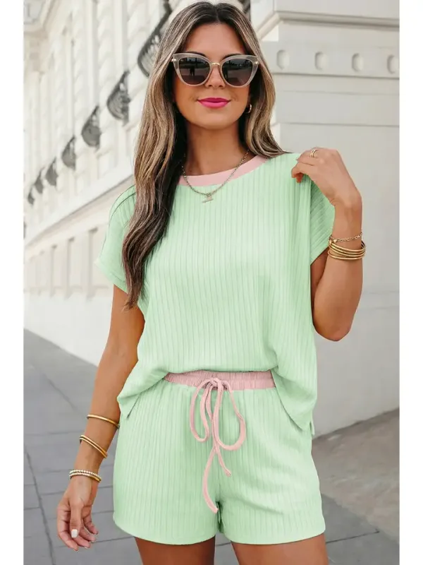 Casual Ribbed Colorblock Set-Green
